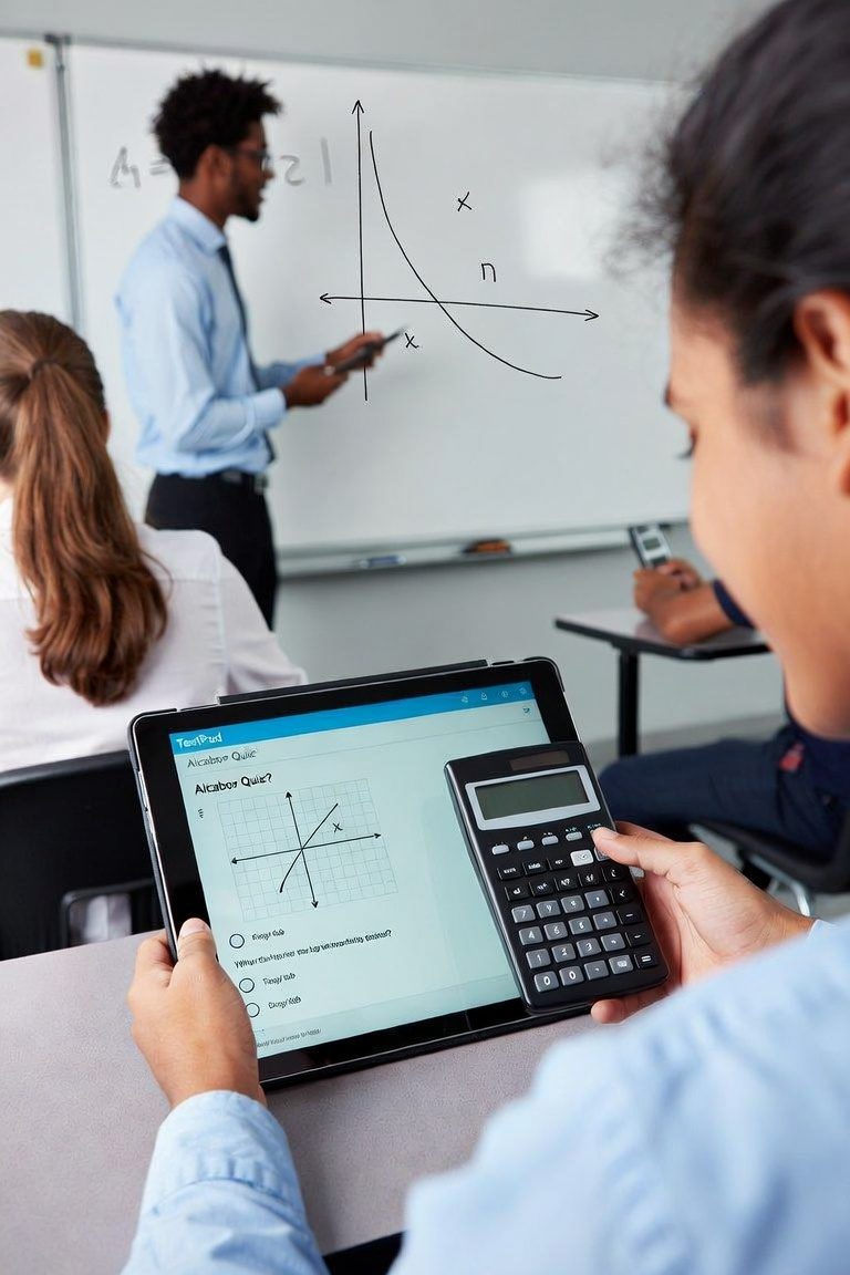 Student using a calculator and tablet during an algebra quiz