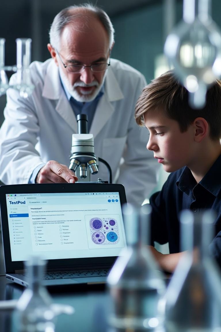 Teacher and student reviewing a biology quiz at a microscope