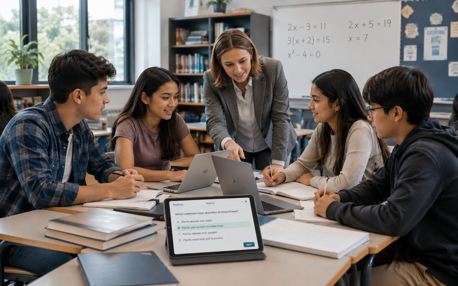 Teacher and high school students discussing a science quiz