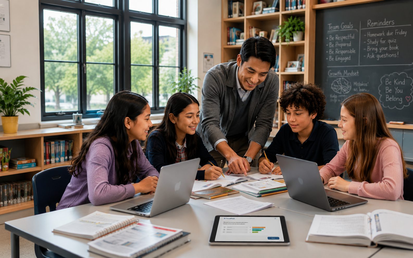 Teacher reviewing quiz results with middle school students