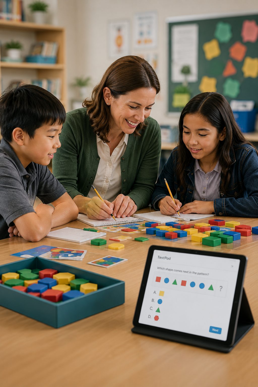 Teacher and students in a group discussion with a tablet quiz